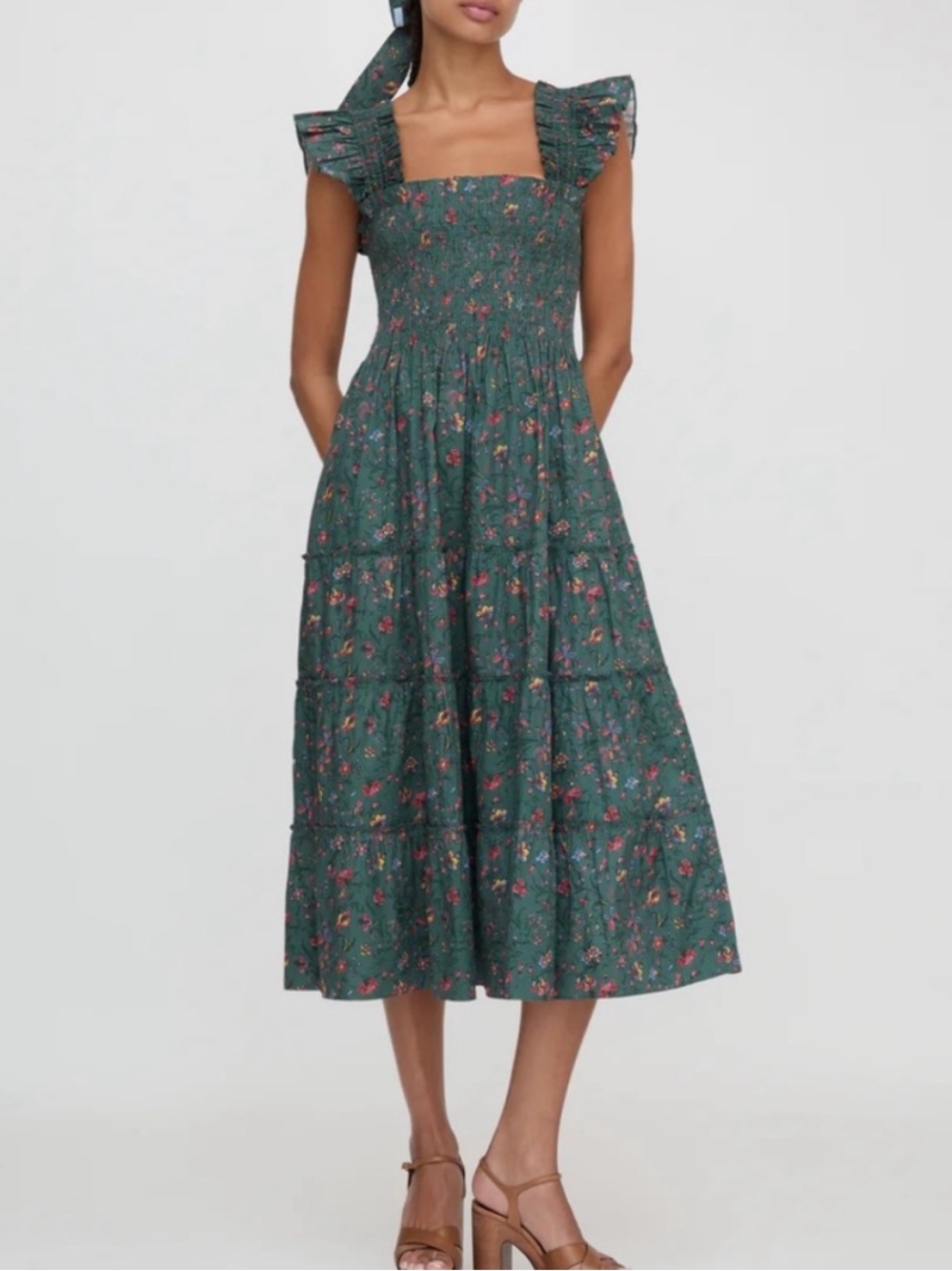 Hill House Ellie Nap in Fleur Chintz Bottle Green Smocked Midi Dress Size M - Picture 1 of 10